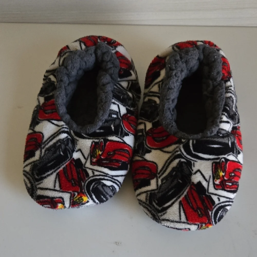 Kids Plush Slip-On Slippers with Red Car Print